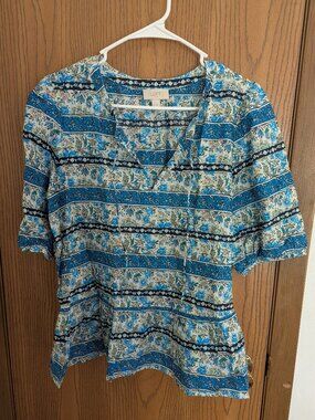 Loft V-Slit Neck Floral Stripe Elbow Sleeve Tie Flare Bottom Blouse -Women's L